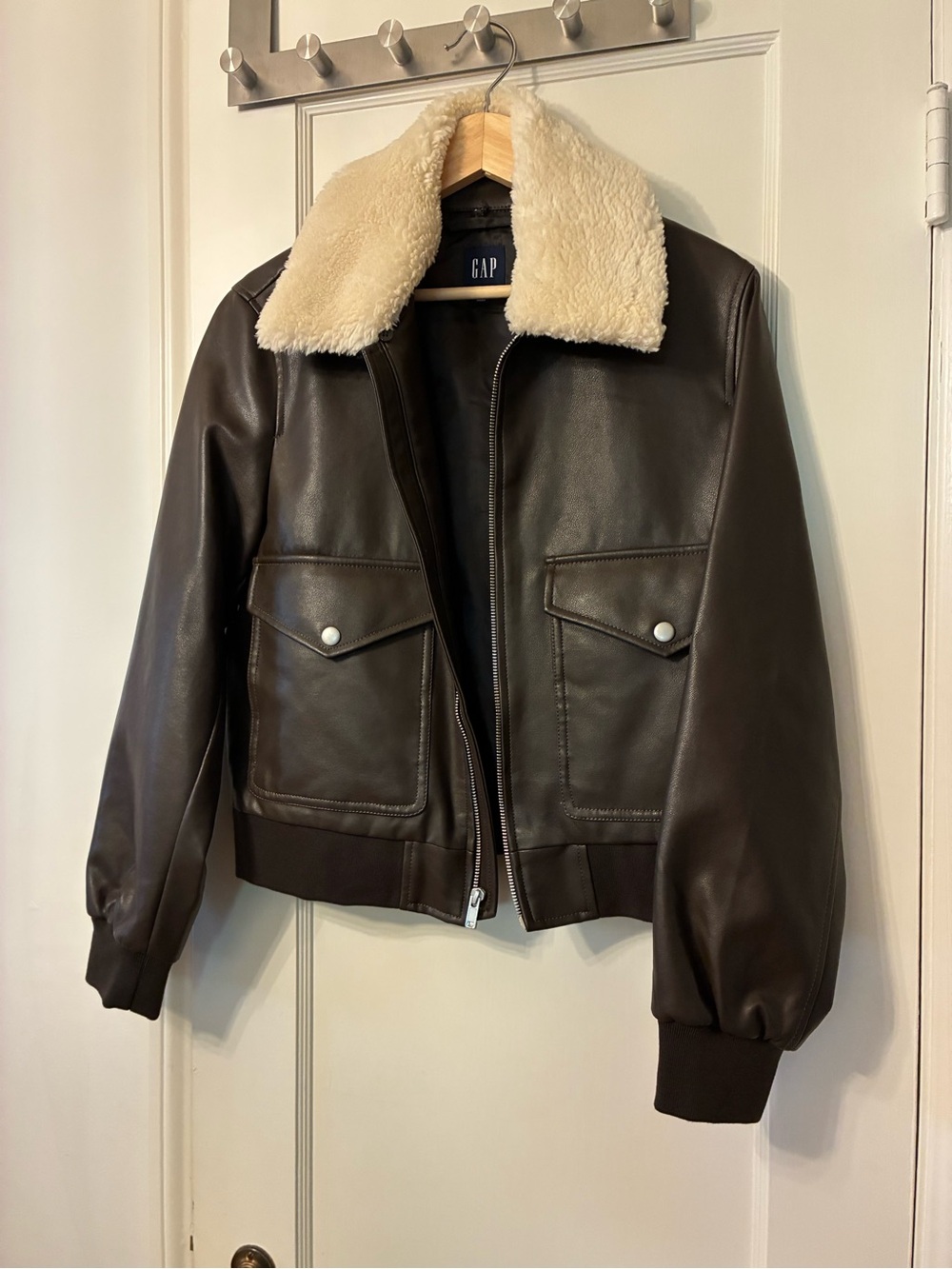 GAP Women's Dark Brown Faux Leather Crop Bomber Jacket with Cream Sherpa Collar